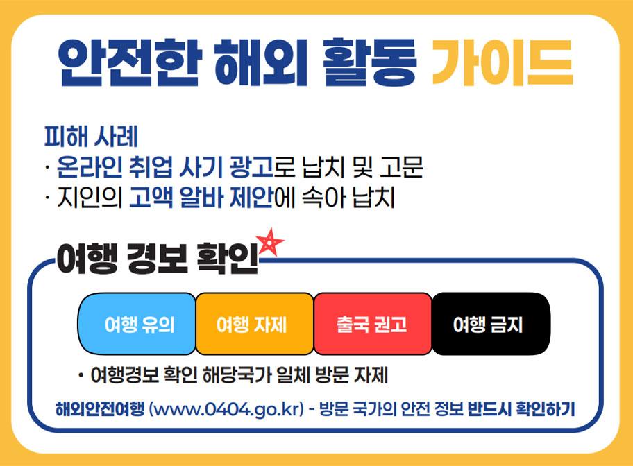 안전한 해외 활동 가이드 피해 사례 온라인 취업 사기 광고로 납치 및 고문 지인의 고액 알바 제안에 속아 납치 여행 경보 확인 여행 유의 여행 자제 출국 권고 여행 금지 여행경보 확인 해당국가 일체 방문 자제 해외안전여행(www.0404.go.kr) - 방문 국가의 안전 정보 반드시 확인하기